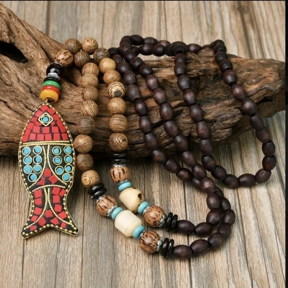 Long Sweater Necklace 20" Stone Bead Red Blue Pisces Fish Jewelry Boho Necklaces - Picture 9 of 10